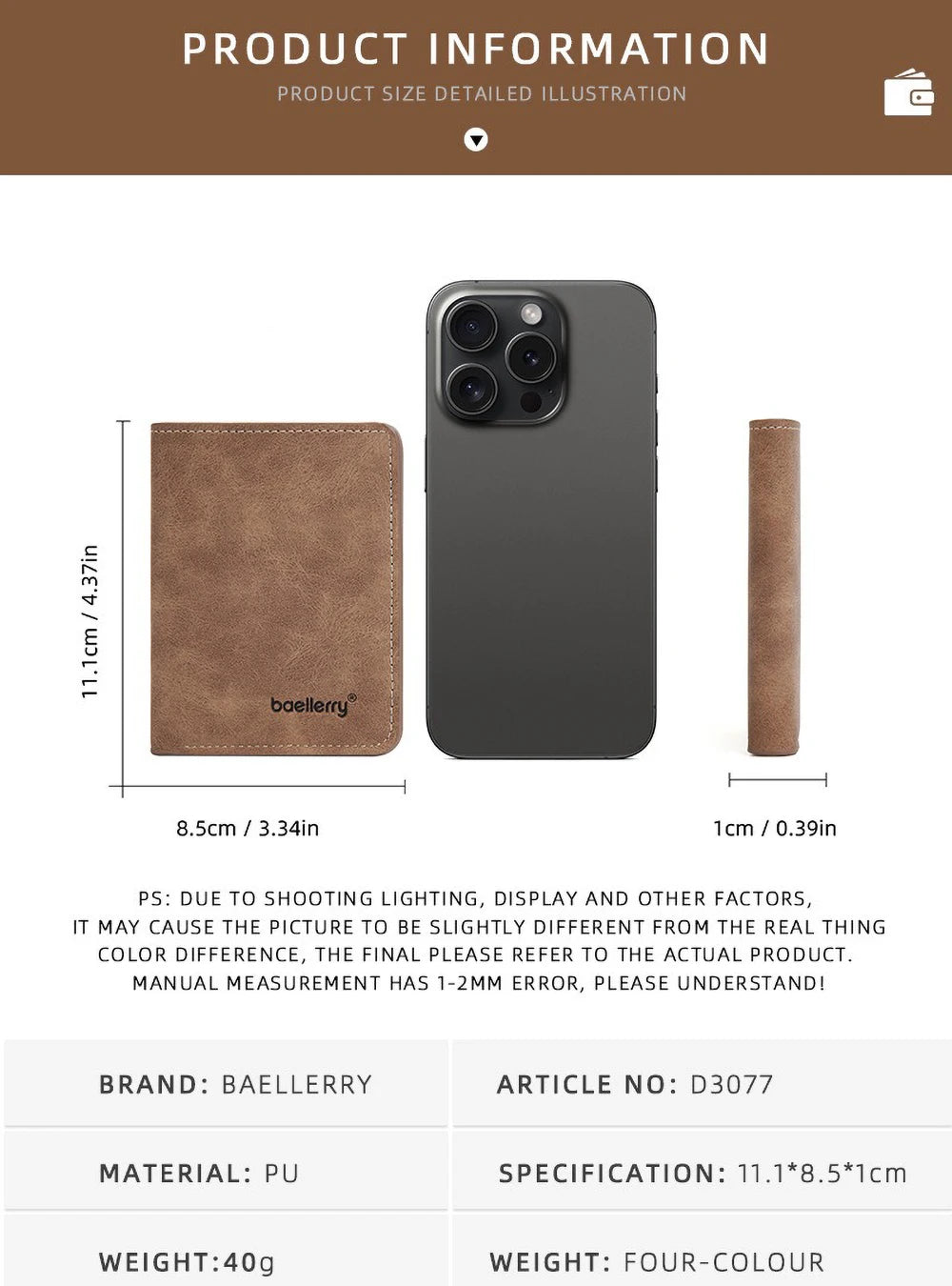 Baellerry-Geldbörse für Herren, PU-Leder, Vordertasche, minimalistische Geldklammer, Reiseutensilien