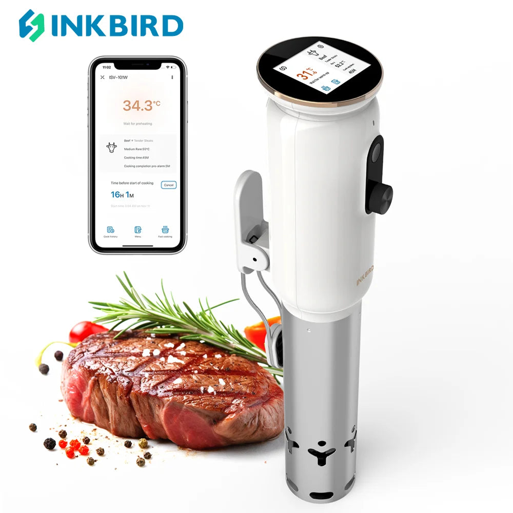 INKBIRD ISV-101W WiFi Sous Vide Cooker, 1000 W, 0,1 ° C Precision, 3D-Heizung, App-Steuerung, USDA-Rezepte, Voralarm, Sicherheitsfunktion