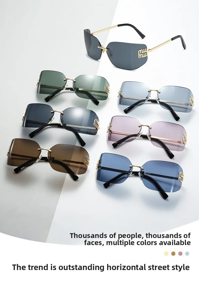 Gebogene einteilige Sonnenbrille, rahmenloses quadratisches Schnittkanten-Design, UV400-Schutz, High-End-Street-Style für Damen