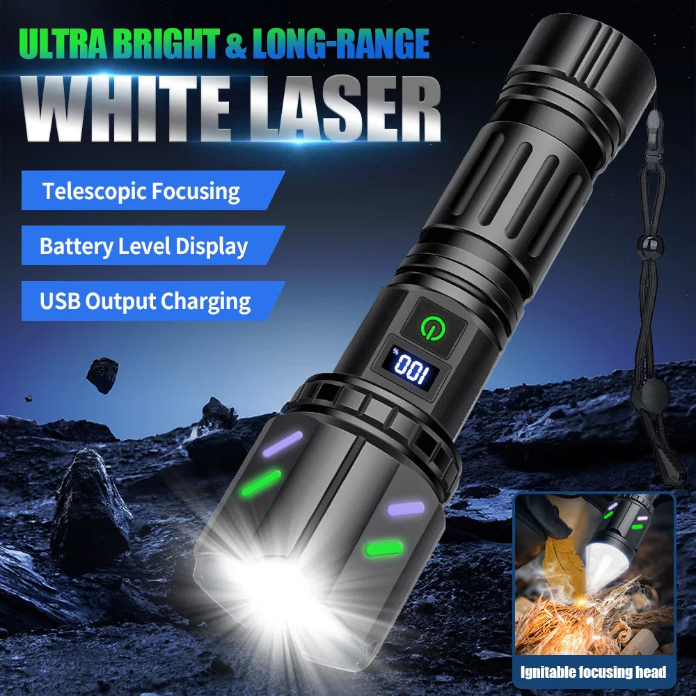 Hochleistungs-weiße Laser-LED-Taschenlampe, 18650, 26650, Batterie, Typ C, starkes Licht, taktische Taschenlampe, Outdoor-Camping, mit Zündlinse