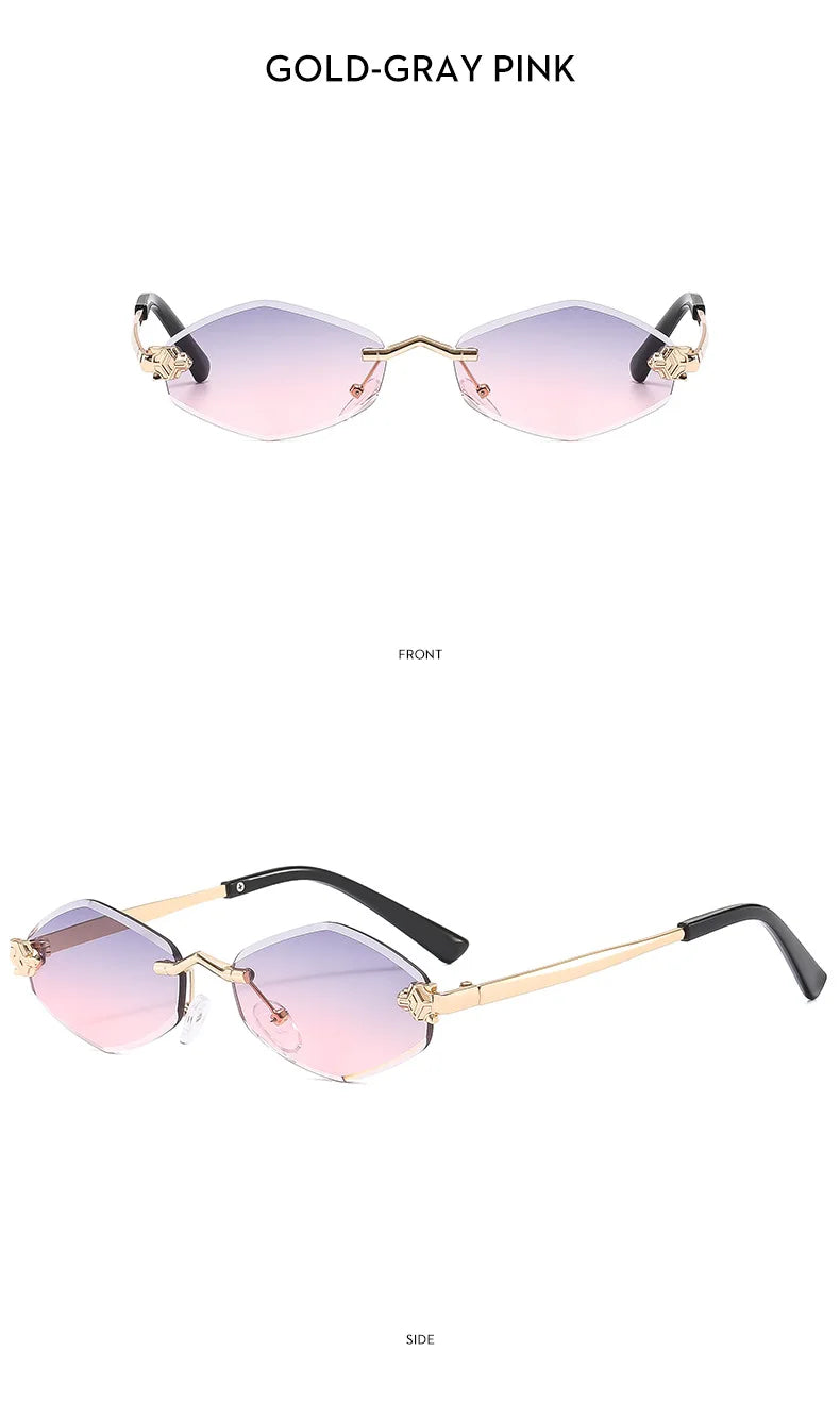 Luxuriöse Polygon-Sonnenbrille für Damen, Hipster, unregelmäßige randlose Sonnenbrille, Damen, kleiner Metallrahmen, Vintage-Rhombus-Brille, Braun