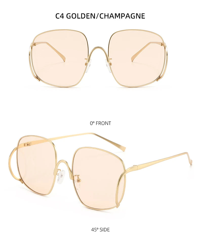 Übergroße Quadratische Sonnenbrille für Damen Luxuriöser Legierungsrahmen Trendige Große Gläser Einzigartige Gebogene Bügel-Brillenfassung