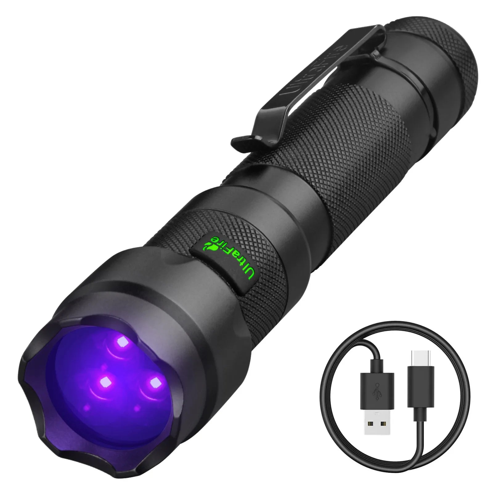 UltraFire 502UV Pro UV-Taschenlampe, 365/395 nm, Schwarzlicht, USB C, wiederaufladbar, für Tierhaare, Urinflecken, Skorpione, Geld, ultraviolettes Licht