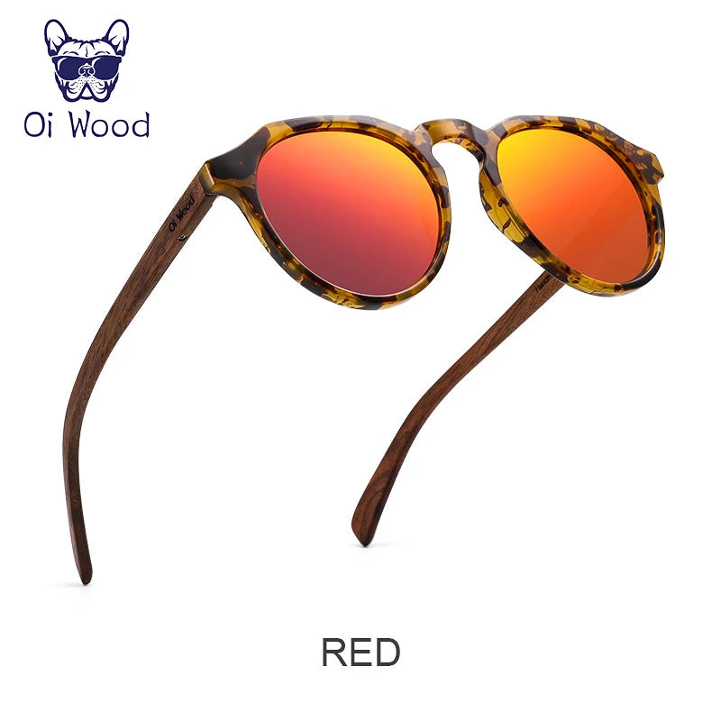 Oi Wood Sonnenbrille Damen Herren Sonnenbrille Walnussholz Runde Brille Rote LinseTortoise Shell Rahmen