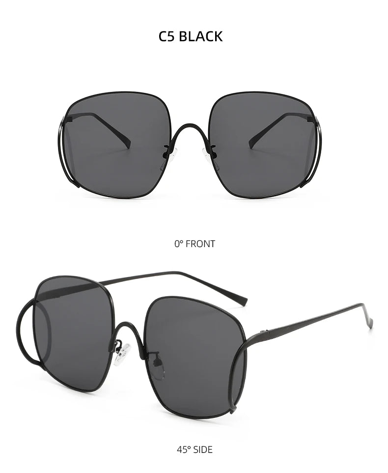 Übergroße Quadratische Sonnenbrille für Damen Luxuriöser Legierungsrahmen Trendige Große Gläser Einzigartige Gebogene Bügel-Brillenfassung