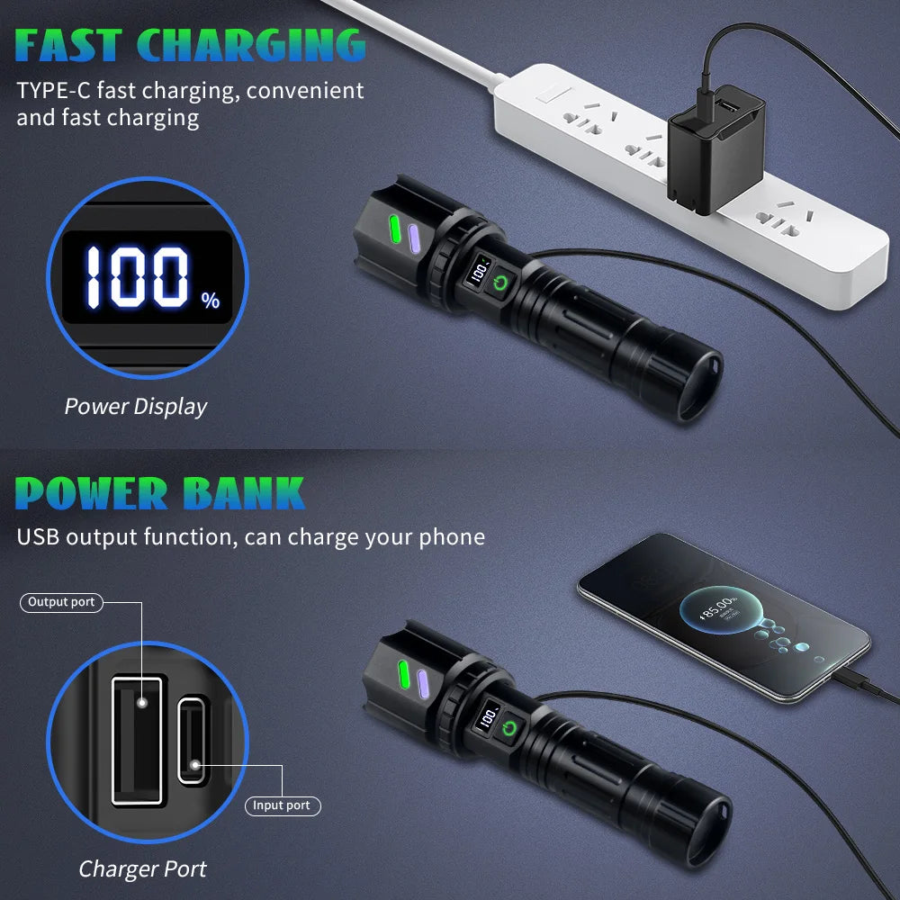 Hochleistungs-weiße Laser-LED-Taschenlampe, 18650, 26650, Batterie, Typ C, starkes Licht, taktische Taschenlampe, Outdoor-Camping, mit Zündlinse