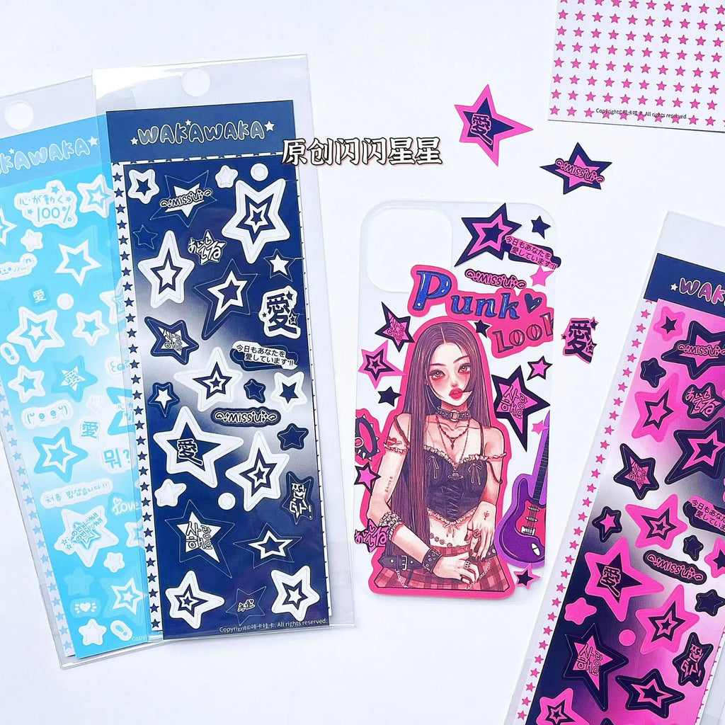 1 Blatt niedliche bunte Sternmuster-Aufkleber, DIY-Scrapbooking-Aufkleber, Kpop Idol, Fotokarte, Deko-Materialien, koreanischer Stil