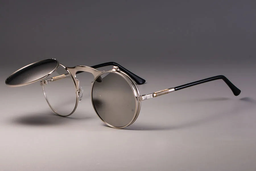 3057 STEAMPUNK Retro Runde Flip Sonnenbrille Männer Frauen Metall Zwei Paar Gläser KREIS SONNENBRILLE UV400