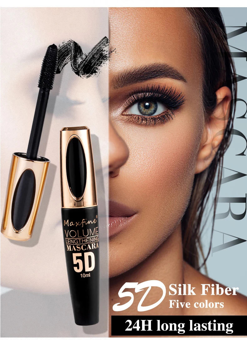 5D-Seiden-Mascara mit großen Augen, starkem und anhaltendem schwarzem Inhalt und Länge, wasserfeste und nicht zusammenbackende und verlängerte Wimperntusche.