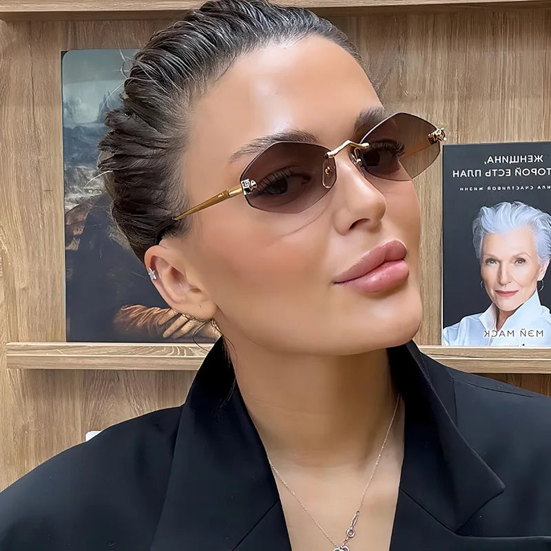 Luxuriöse Polygon-Sonnenbrille für Damen, Hipster, unregelmäßige randlose Sonnenbrille, Damen, kleiner Metallrahmen, Vintage-Rhombus-Brille, Braun