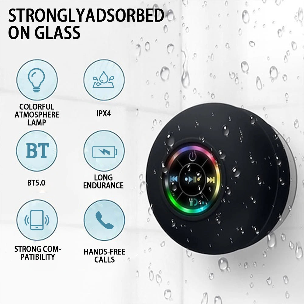 Tragbarer kabelloser Bluetooth-Lautsprecher, LED-Licht, IPX4, wasserdichter Lautsprecher, Badezimmer im Freien, großer Saugnapf, Stereo-Soundbox