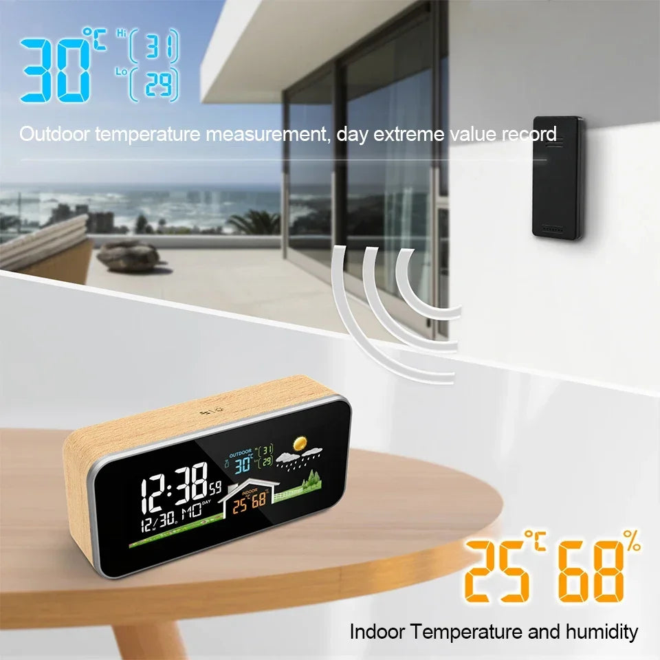 Drahtlose Wetterstation, Holzwecker, digitales Thermometer, Luftfeuchtigkeit, Temperatur, kabelloser Sensor, Heim-TimeWatch-Desktop