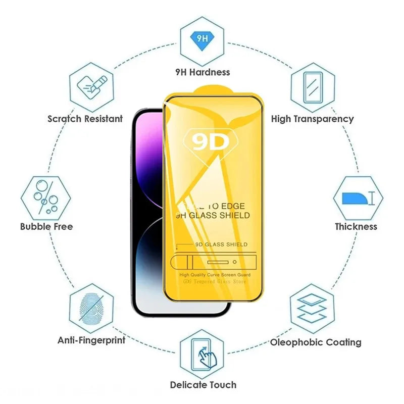9D-Displayschutz aus gehärtetem Glas für iPhone 16 Pro Max 17 16e 15 14 13 12 11 Schutzglas für iPhone X XR XS Max 7 8 Plus