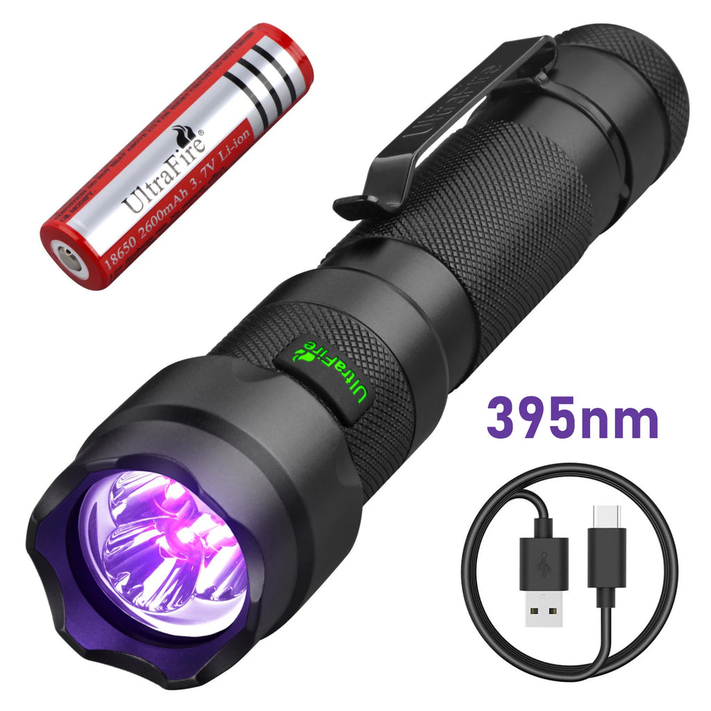 UltraFire 502UV Pro UV-Taschenlampe, 365/395 nm, Schwarzlicht, USB C, wiederaufladbar, für Tierhaare, Urinflecken, Skorpione, Geld, ultraviolettes Licht