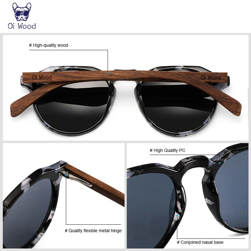 Oi Wood Sonnenbrille Damen Herren Sonnenbrille Walnussholz Runde Brille Rote LinseTortoise Shell Rahmen