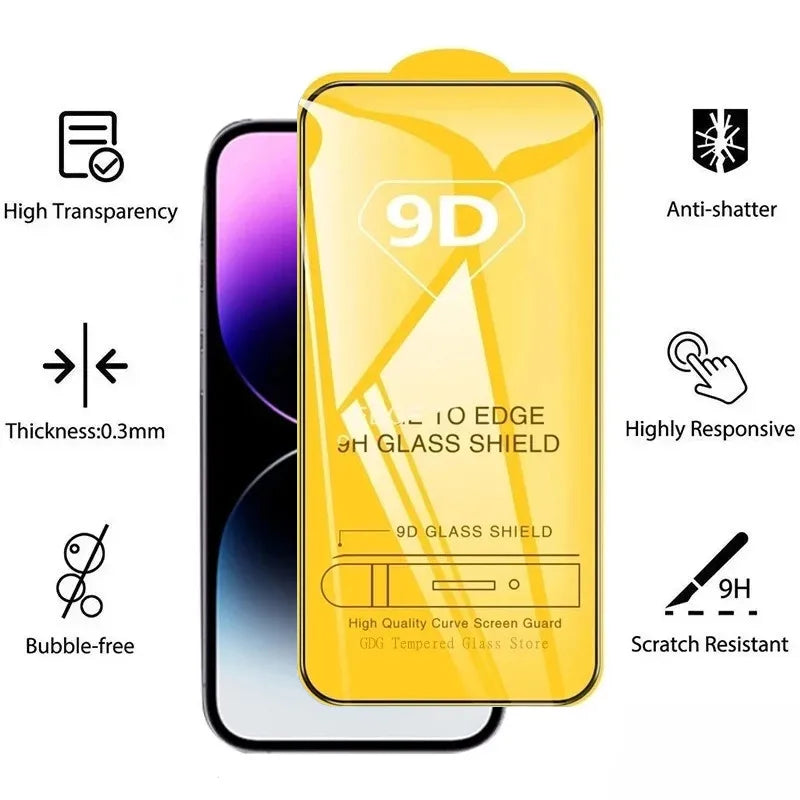 9D-Displayschutz aus gehärtetem Glas für iPhone 16 Pro Max 17 16e 15 14 13 12 11 Schutzglas für iPhone X XR XS Max 7 8 Plus