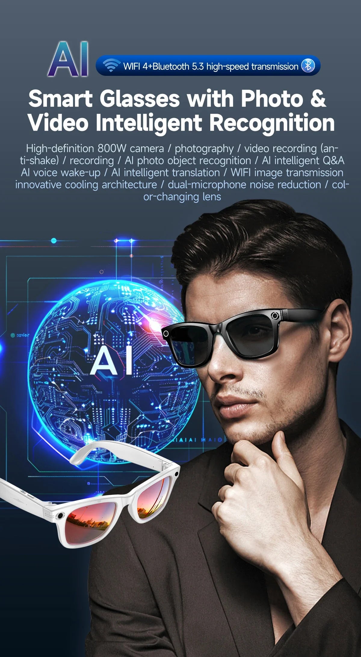 2025 Smart-Sonnenbrille, intelligente Brille mit Kamera, Video, 8 MP, Übersetzung, Bluetooth, Anruf, Musikwiedergabe, Männer und Frauen, Aufnahme ab 100 Jahren