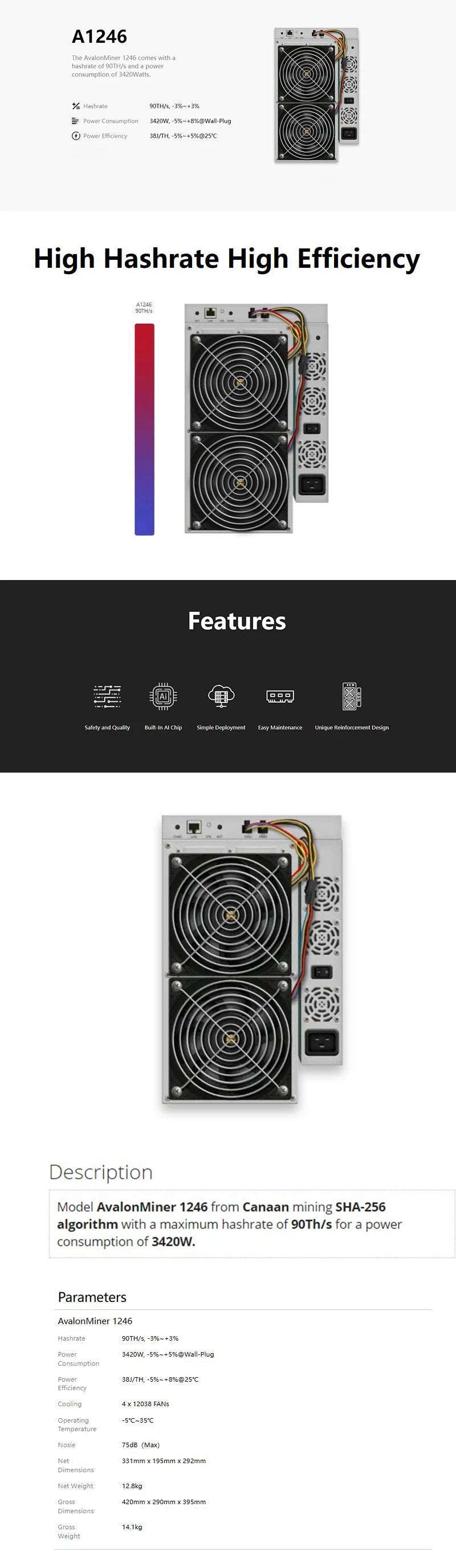 ASIC BTC Miner Avalon A1246 90T/87T/85T/83Th/s Optionaler Bitcoin Miner SHA-256 BTC-Mining-Maschine, besser als Avalon 1166pro 1126