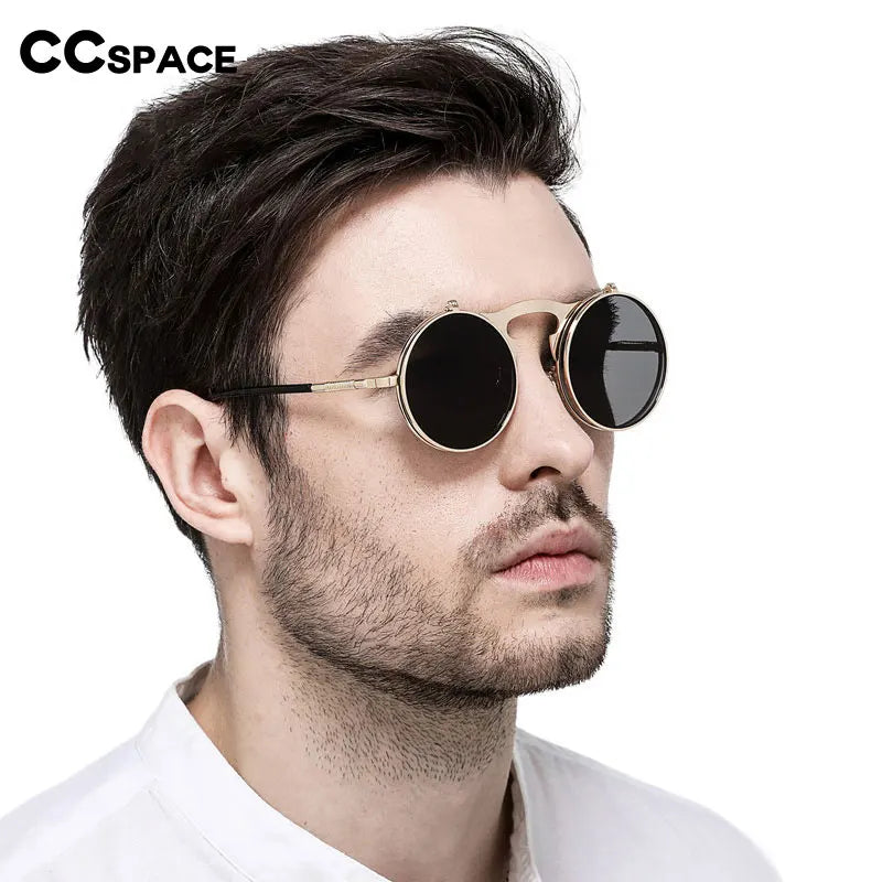 3057 STEAMPUNK Retro Runde Flip Sonnenbrille Männer Frauen Metall Zwei Paar Gläser KREIS SONNENBRILLE UV400