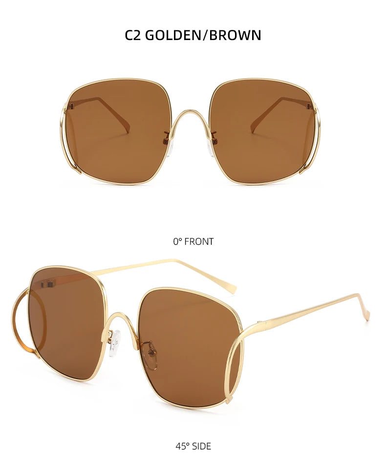 Übergroße Quadratische Sonnenbrille für Damen Luxuriöser Legierungsrahmen Trendige Große Gläser Einzigartige Gebogene Bügel-Brillenfassung