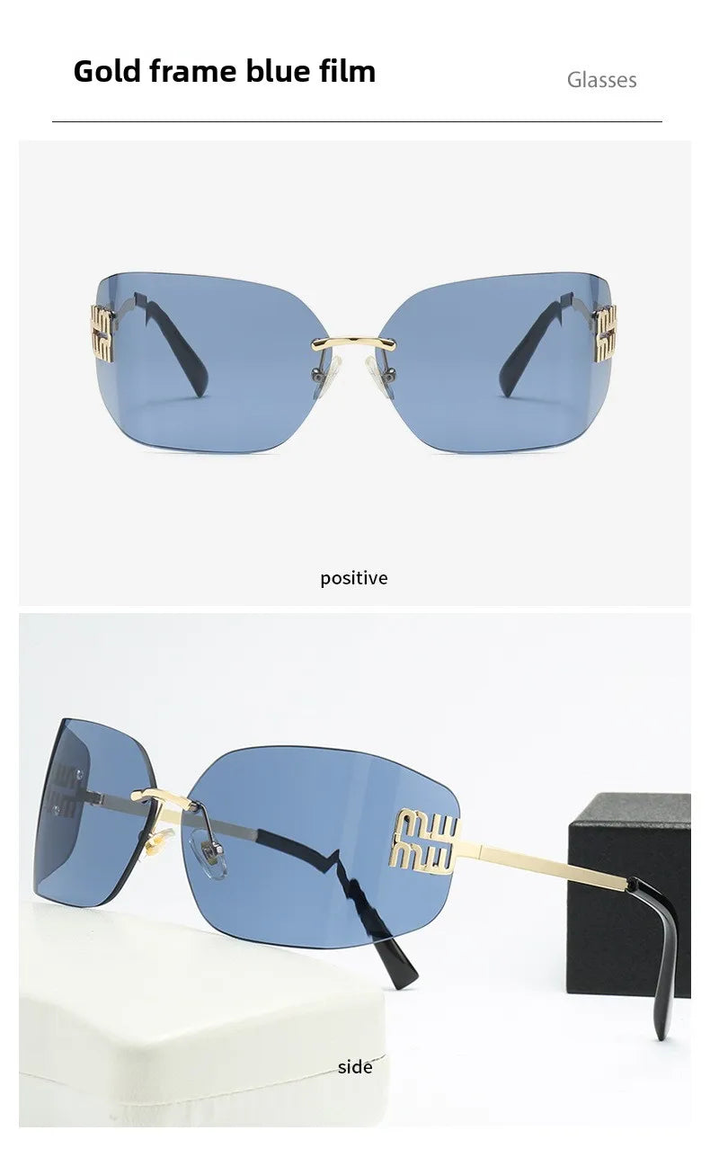 Gebogene einteilige Sonnenbrille, rahmenloses quadratisches Schnittkanten-Design, UV400-Schutz, High-End-Street-Style für Damen