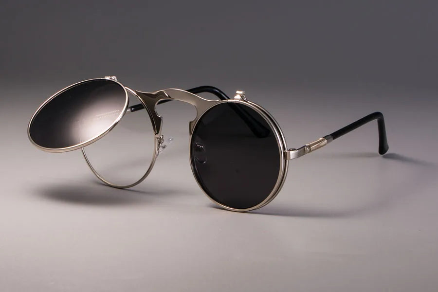3057 STEAMPUNK Retro Runde Flip Sonnenbrille Männer Frauen Metall Zwei Paar Gläser KREIS SONNENBRILLE UV400