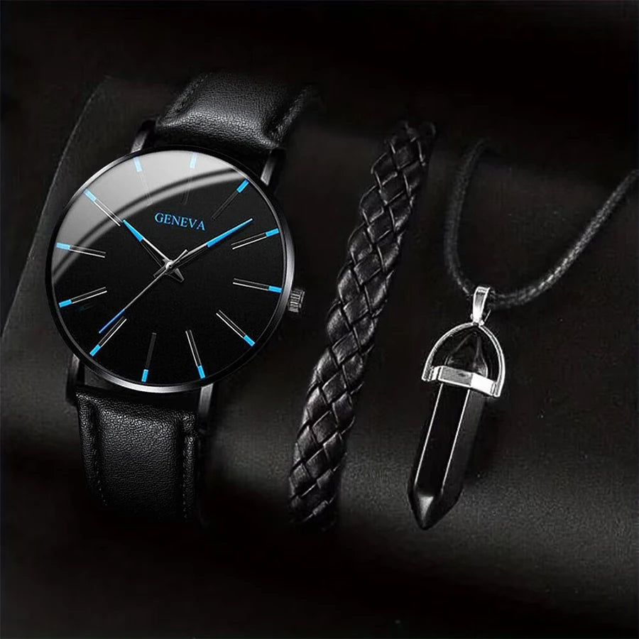 3 Teile/satz Männer Business Uhren Casual Leder Band Analog Männlichen Quarzuhr Halskette Armband Set