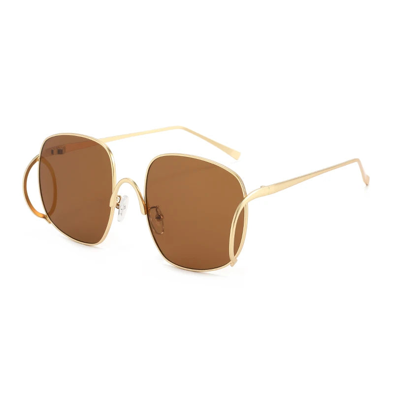 Übergroße Quadratische Sonnenbrille für Damen Luxuriöser Legierungsrahmen Trendige Große Gläser Einzigartige Gebogene Bügel-Brillenfassung