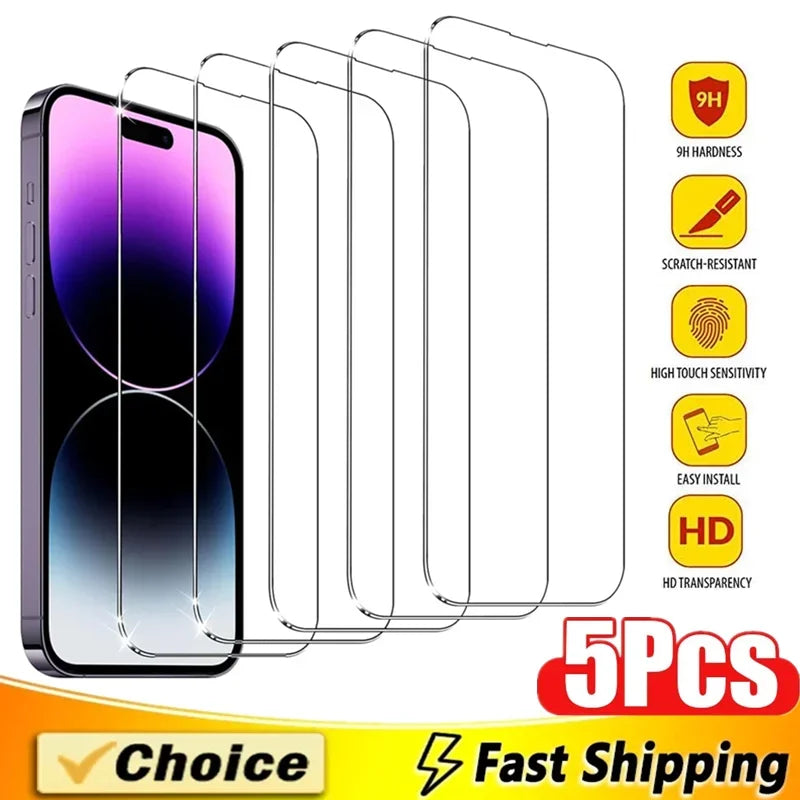 5Pcs Gehärtetem Glas Für iPhone 15 13 11 12 14 Pro Max Mini Screen Protector Für IPhone 16 17 8 plus X XR XS MAX Schutz Glas