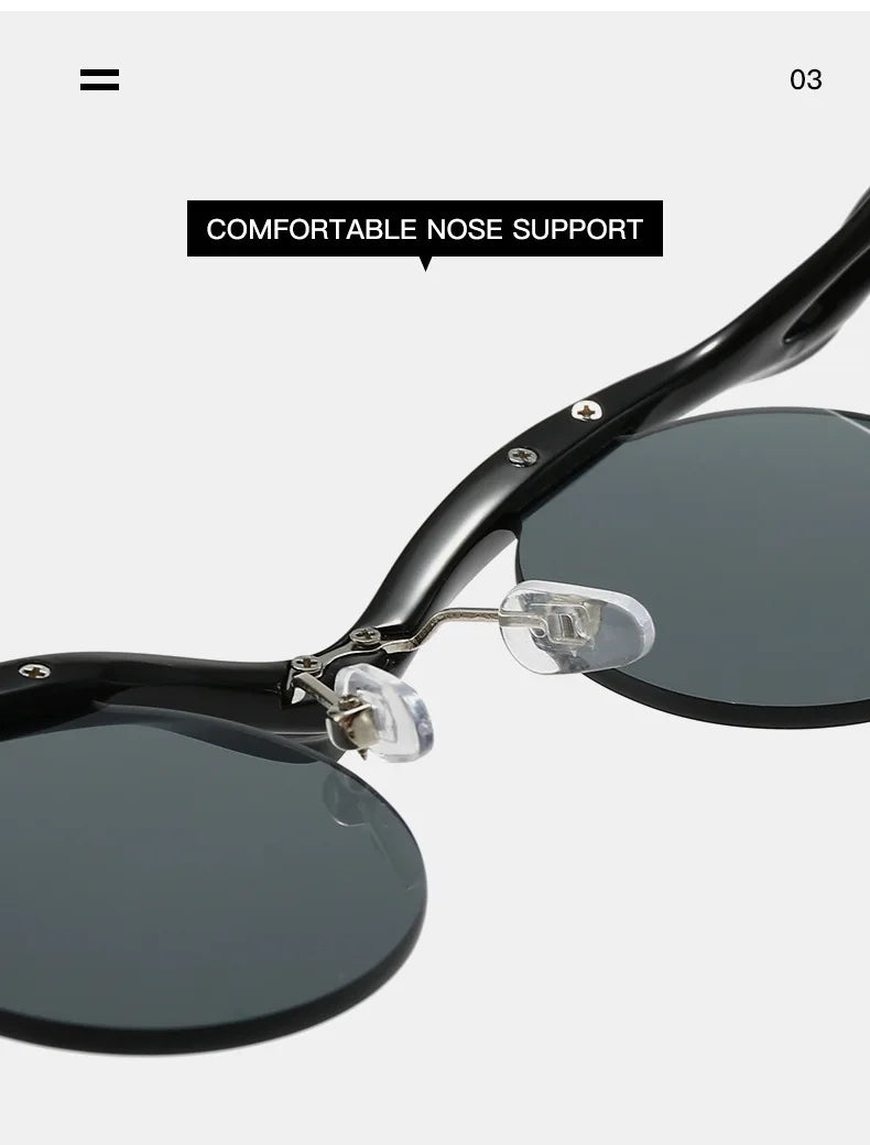 Sonnenbrille für Männer und Frauen, Designer-Mode, speziell geformte Brillen, trendige weibliche runde randlose Outdoor-Accessoire-Brille