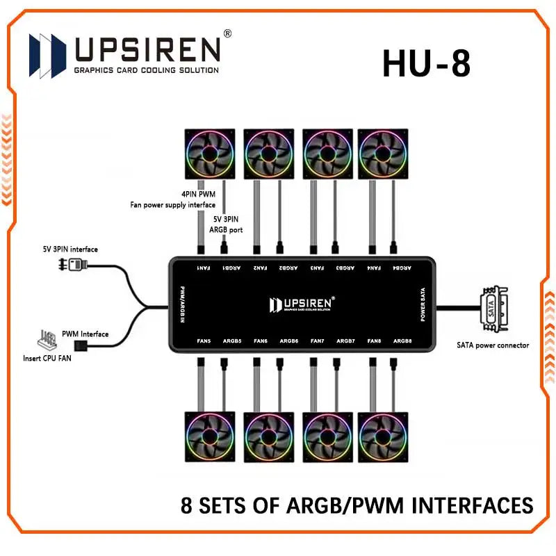 UPSIREN HU-8 Gehäuselüfter-Hub, 8 Sätze ARGB- und PWM-Schnittstellen, magnetisches Unteres Design, unterstützt Motherboard-Synchronisierung