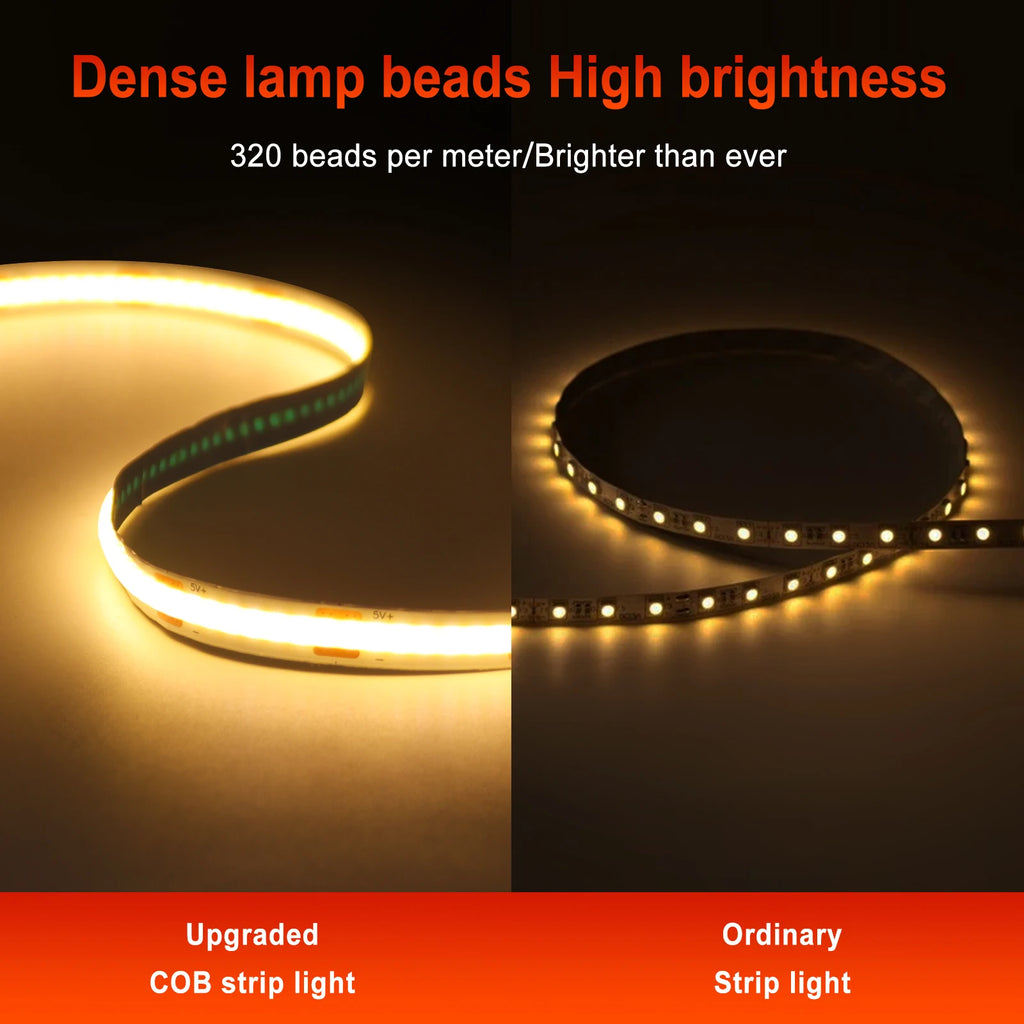 Superheller USB-DC5V-COB-LED-Lichtstreifen, 320 LED/m, hohe Dichte, flexible lineare Beleuchtung, warm/natürlich/weiß, 50 cm, 1 m, 2 m, 3 m, 4 m, 5 m