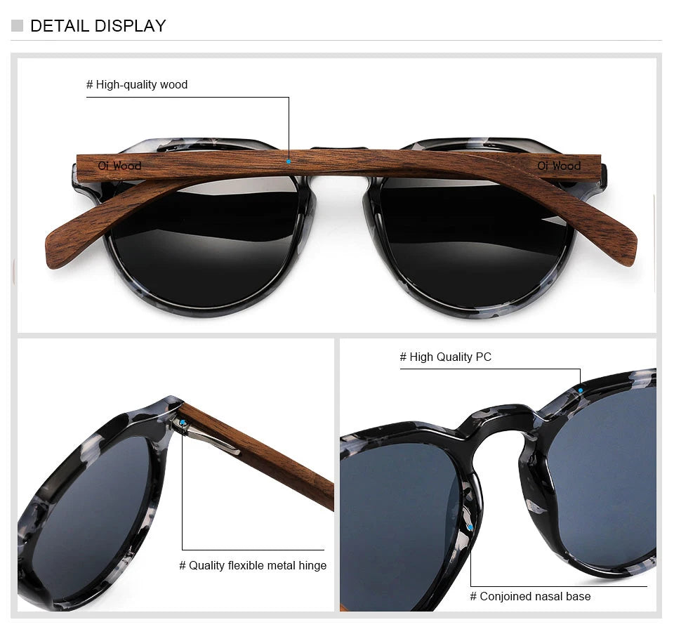 Oi Wood Sonnenbrille Damen Herren Sonnenbrille Walnussholz Runde Brille Rote LinseTortoise Shell Rahmen