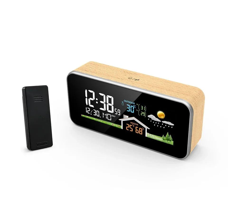 Drahtlose Wetterstation, Holzwecker, digitales Thermometer, Luftfeuchtigkeit, Temperatur, kabelloser Sensor, Heim-TimeWatch-Desktop