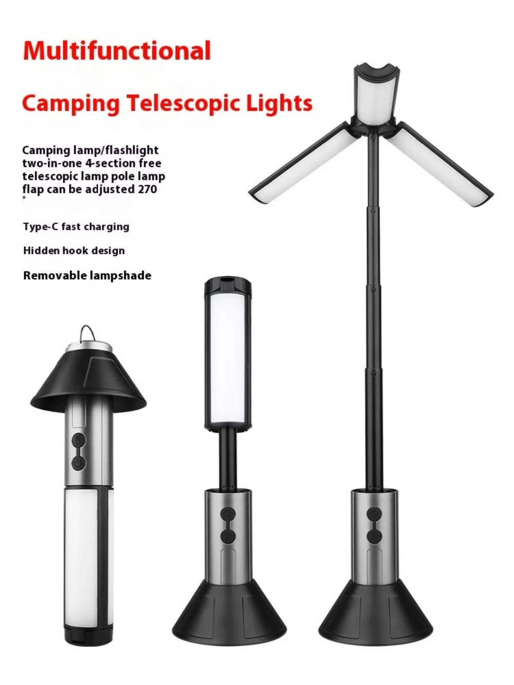 Verbesserte Camping-LED-Teleskop-Taschenlampe mit Stativ, wiederaufladbare Notfalllampe, tragbare Orch-Licht-Tischlampe für den Außenbereich, Zelt