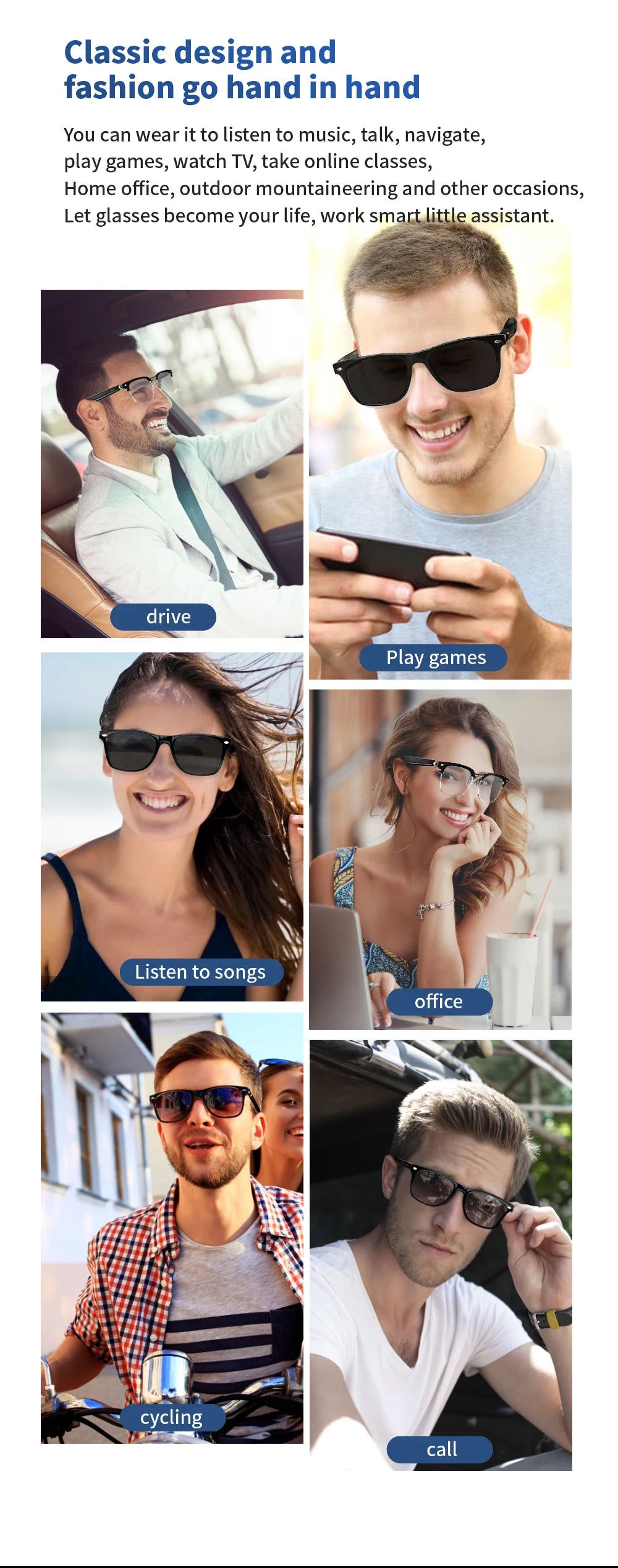 SENBONO E13 Intelligente Brille: Blaulichtfilterung, polarisierte Sonnenbrillengläser, Audio, integriertes Mikrofon, Lautsprecher, Touch- und Sprachassistent