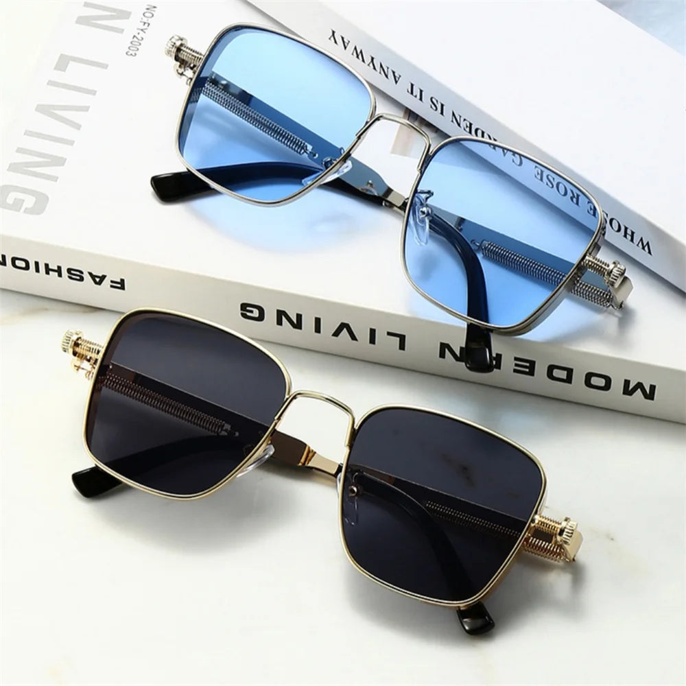 Männer Fahren Sonnenbrille Vintage Steampunk Quadratische Sonnenbrille Metallrahmen mit Federscharnieren Frauen Okular Trendige Fahrerbrille