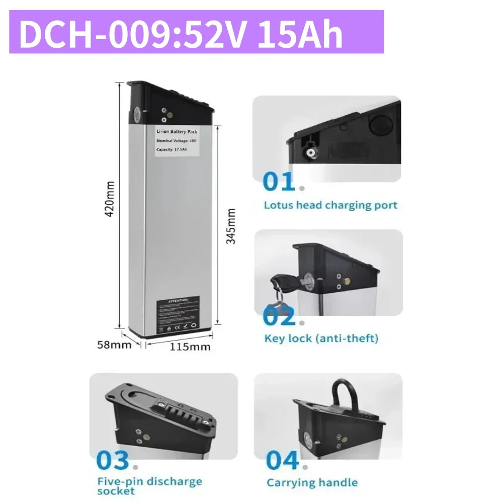 48V 17Ah 15Ah 12,8Ah 10,4Ah 36V 10Ah 12Ah 15Ah DCH-003 DCH-006 DCH-009 350W~1000W Motorbatterie