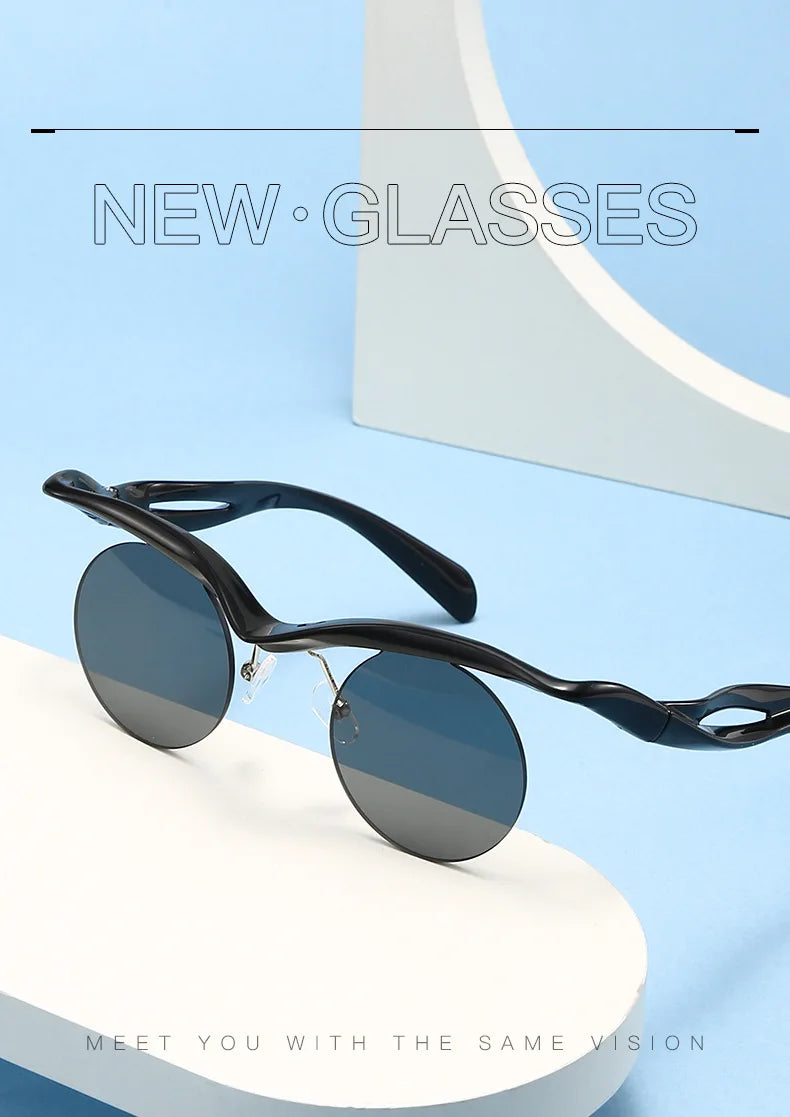 Sonnenbrille für Männer und Frauen, Designer-Mode, speziell geformte Brillen, trendige weibliche runde randlose Outdoor-Accessoire-Brille
