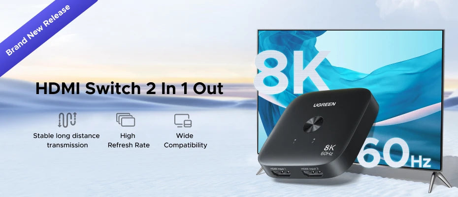 UGREEN HDMI 2.1 Switch 8K 60Hz 4K120Hz 2-in-1-Ausgang für TV Xiaomi Xbox Series X PS5 HDMI-kompatibler Monitor HDMI-Switcher