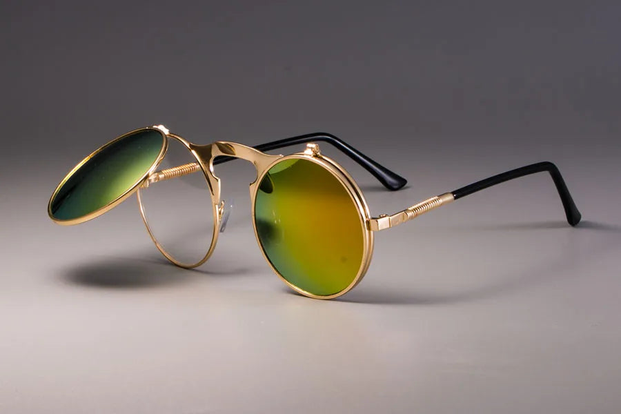 3057 STEAMPUNK Retro Runde Flip Sonnenbrille Männer Frauen Metall Zwei Paar Gläser KREIS SONNENBRILLE UV400