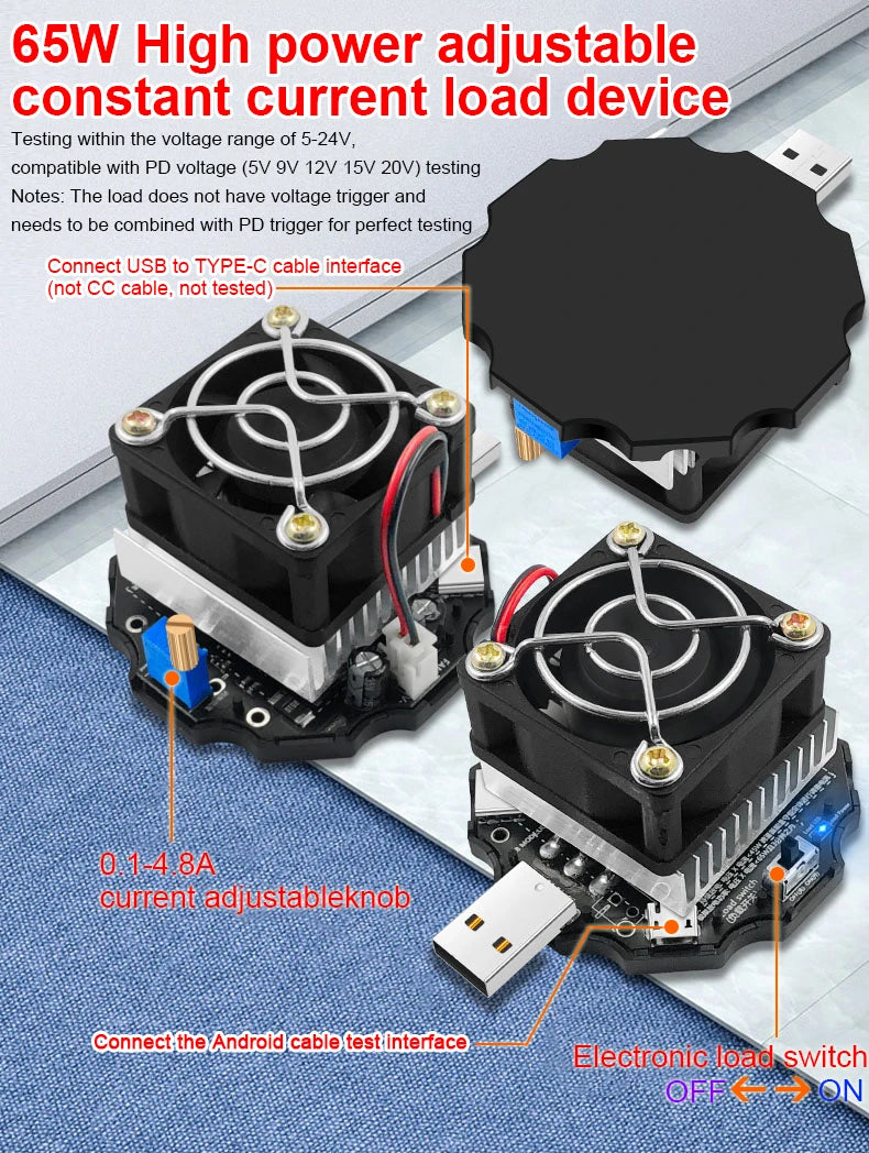 65W elektronischer Last-USB-Tester DC5-24V Typ-C Voltmeter-Tester mit PD3.1 Spannungsauslöser Ladegerät Power Bank Kapazitätsdetektor