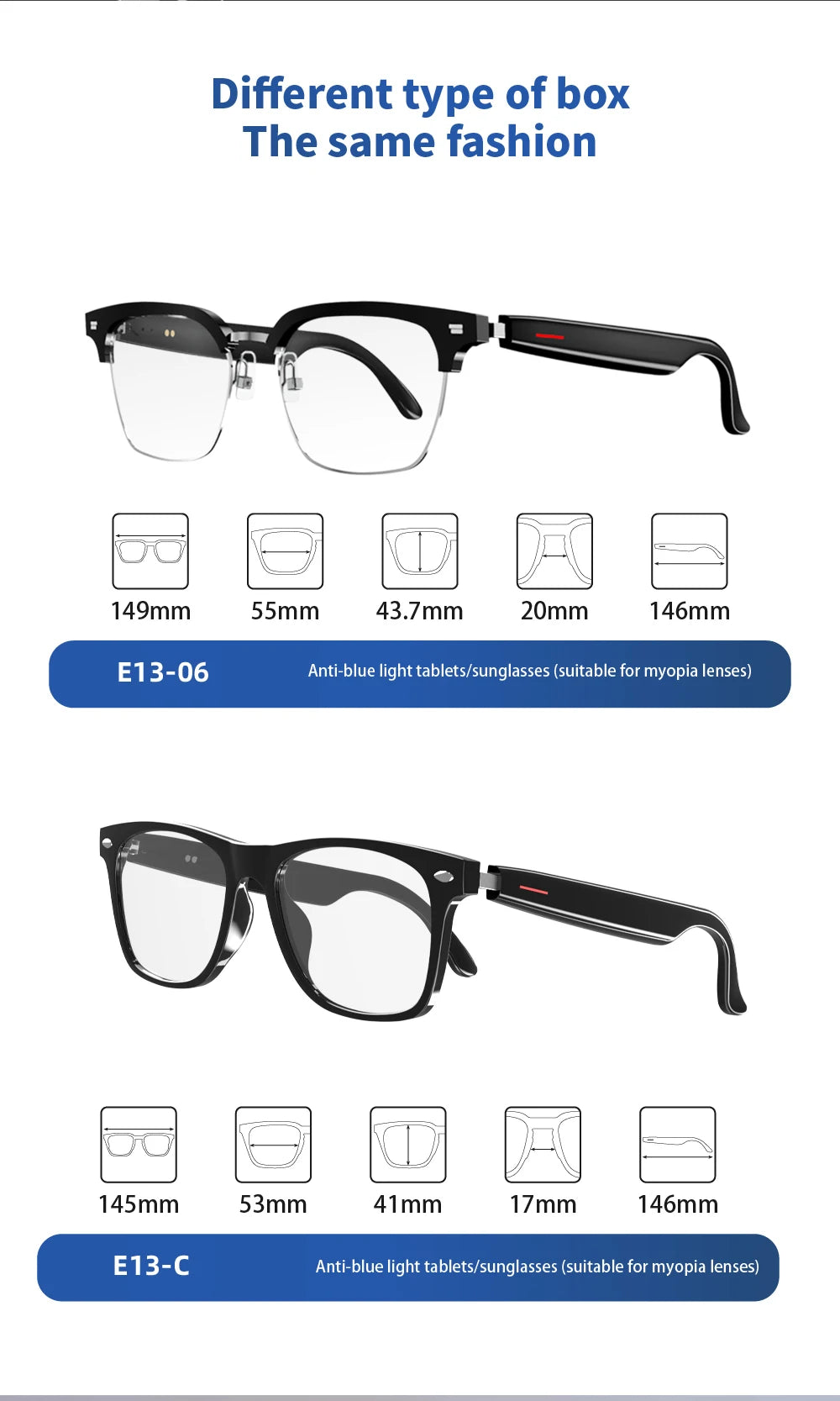 SENBONO E13 Intelligente Brille: Blaulichtfilterung, polarisierte Sonnenbrillengläser, Audio, integriertes Mikrofon, Lautsprecher, Touch- und Sprachassistent