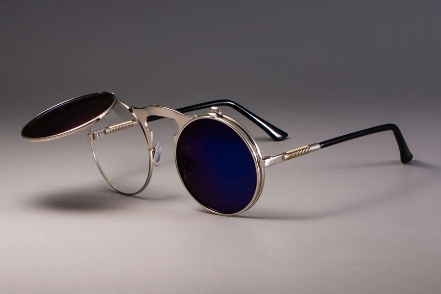 3057 STEAMPUNK Retro Runde Flip Sonnenbrille Männer Frauen Metall Zwei Paar Gläser KREIS SONNENBRILLE UV400