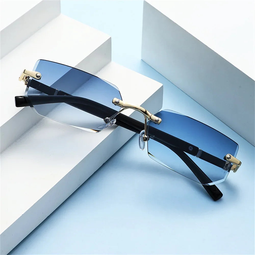 Trendige randlose Sonnenbrille für Männer und Frauen, modische rahmenlose rechteckige Sonnenbrille, Retro-UV400-Farbtöne, Sommer-Reisebrille