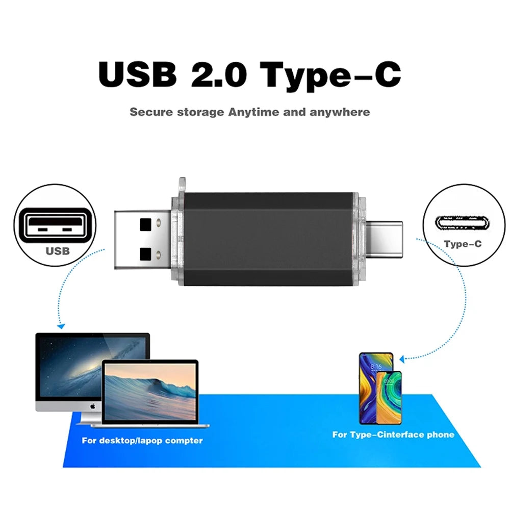 Typ-C 2 IN 1 Hochgeschwindigkeits-OTG-USB-Flash-Laufwerk TYP C Pen Drive 128 GB 64 GB 32 GB 16 GB 8 GB 4 GB Pendrive USB 2.0 Memory Stick