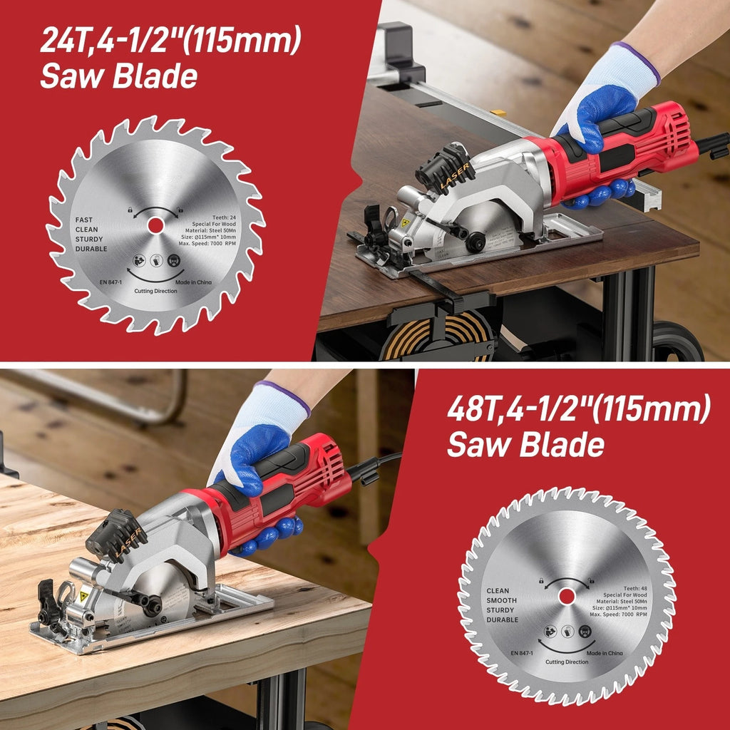 Kreissäge Mini-Kreissäge mit Laserblättern zum Schneiden von Holz-PVC-Rohren 580 W 115 mm Mini-Kreissäge 24 und 48 Zähne Klingenführung