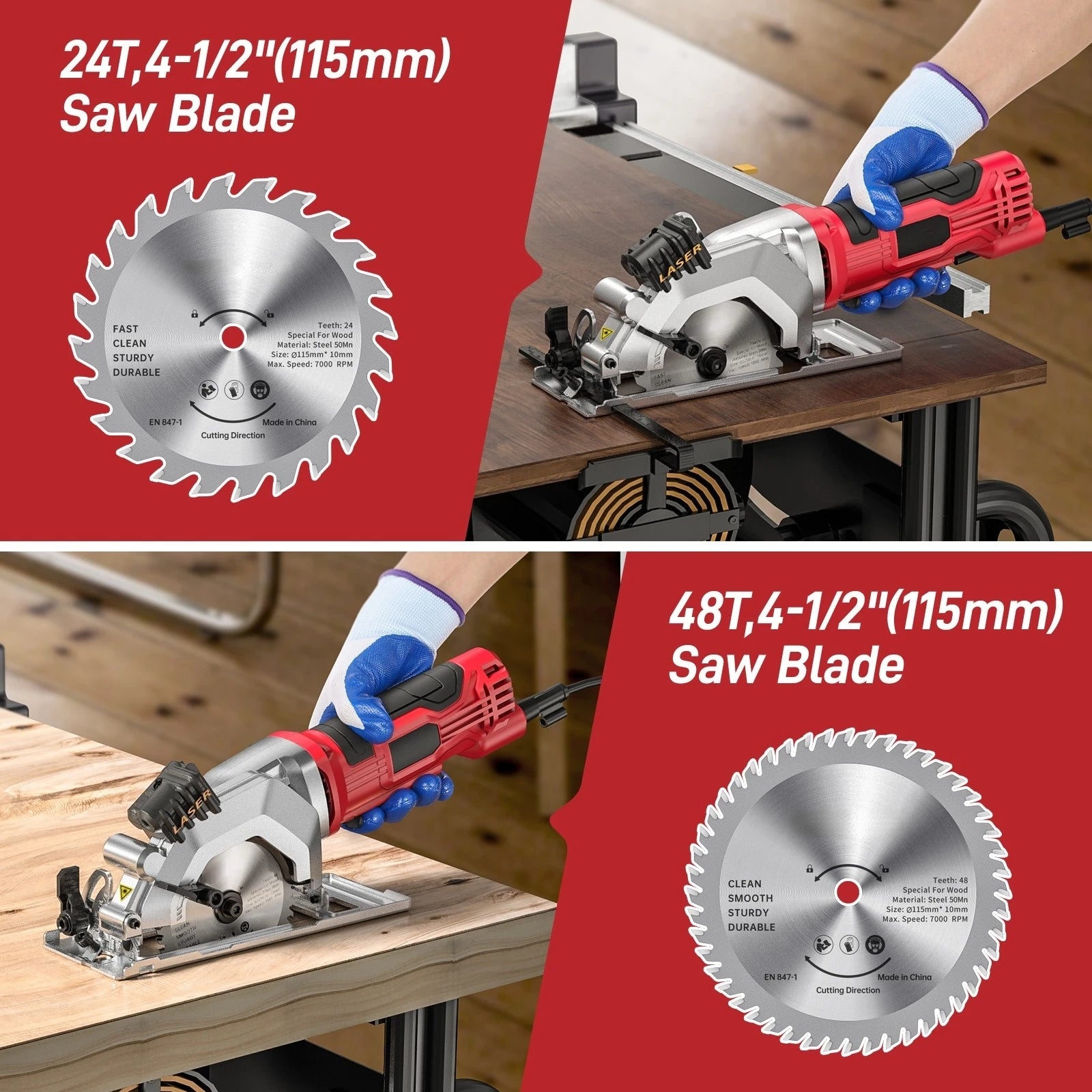 Kreissäge Mini-Kreissäge mit Laserblättern zum Schneiden von Holz-PVC-Rohren 580 W 115 mm Mini-Kreissäge 24 und 48 Zähne Klingenführung