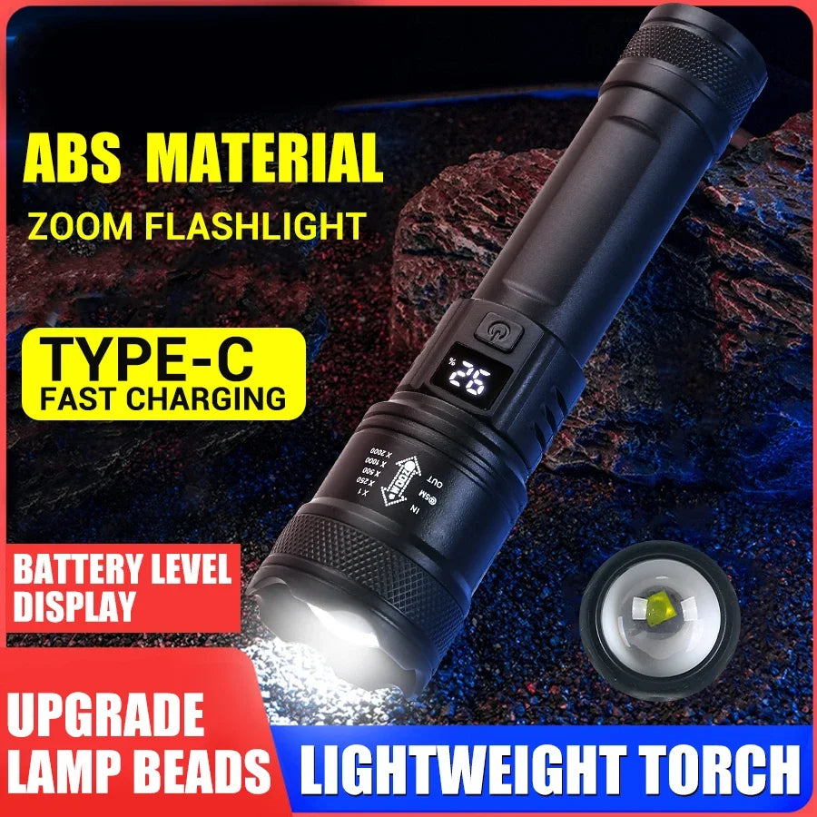 Hohe starke Leistung LED-Taschenlampen 2000lm taktische Taschenlampe mit Display-Licht USB-Aufladung Camping Angeln Notfall Zoom Laterne