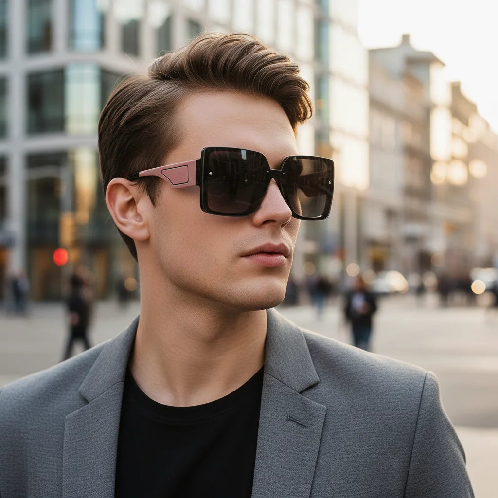 Extragroße quadratische Sonnenbrille mit Sonnenschutzgläsern. Brillen im gleichen Stil für Herren und Damen.1080
